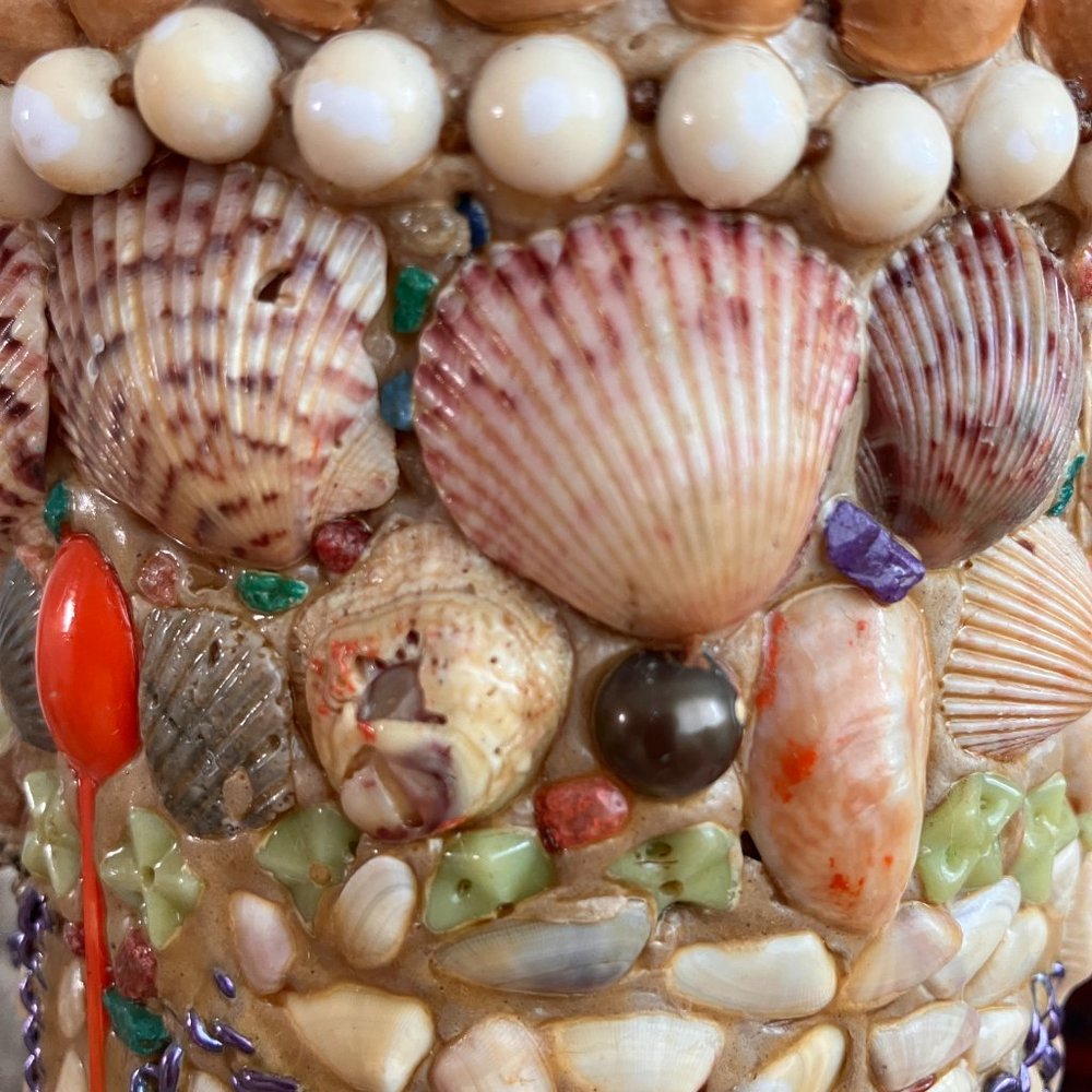 Quirky Tramp Art Vase - Shells, Beads, McDonald's Spoons -1970's - One of a Kind - Picture 2 of 9